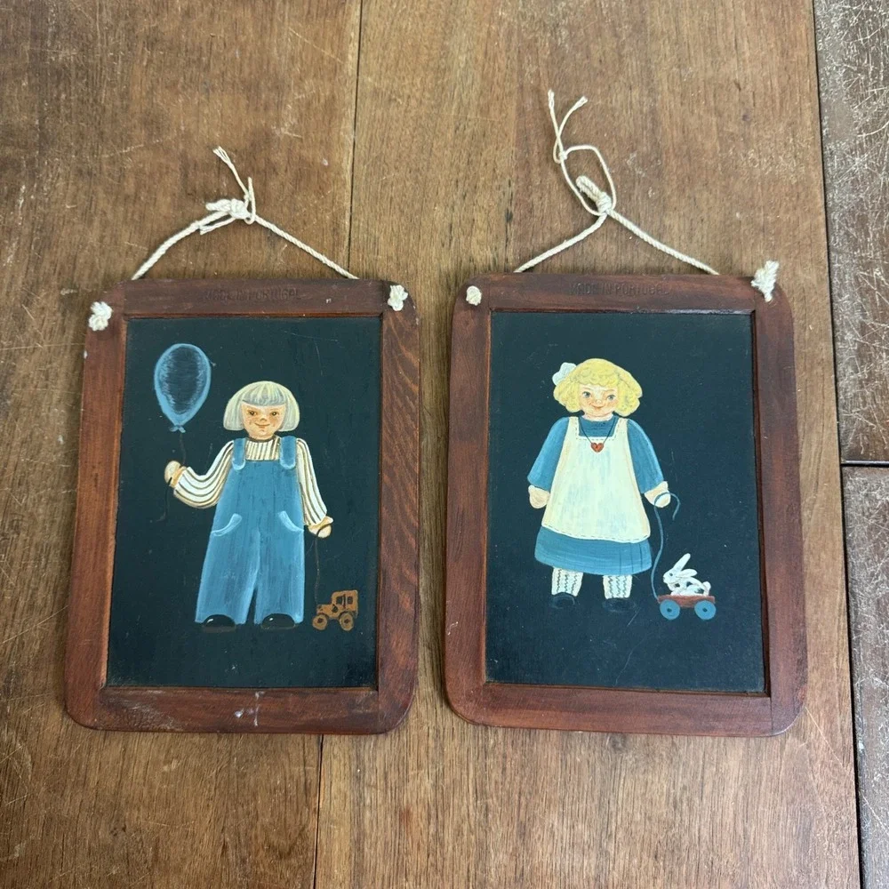 Pair Hand Painted Little Girl on Black Slate in Frames Made‎ in Portugal